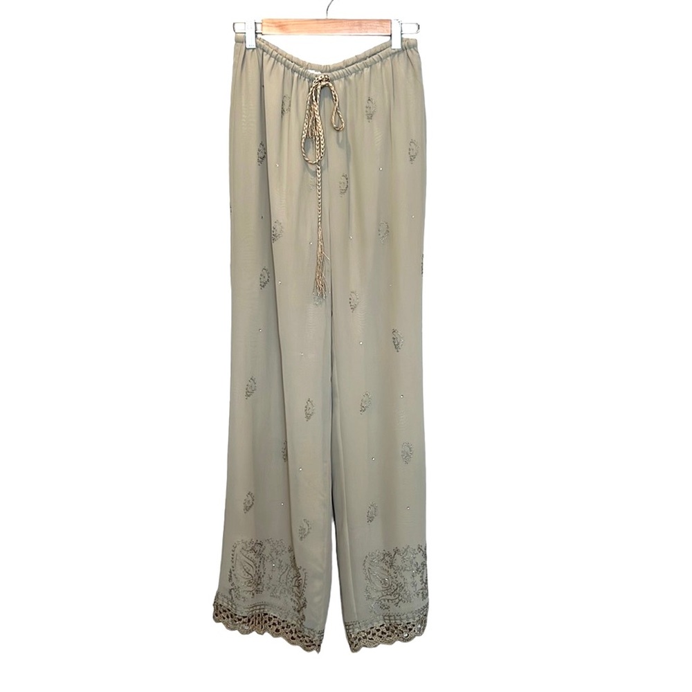 Soft Surroundings Embroidered Crochet Hem Wide Leg Boho Pants Women's Tall XS